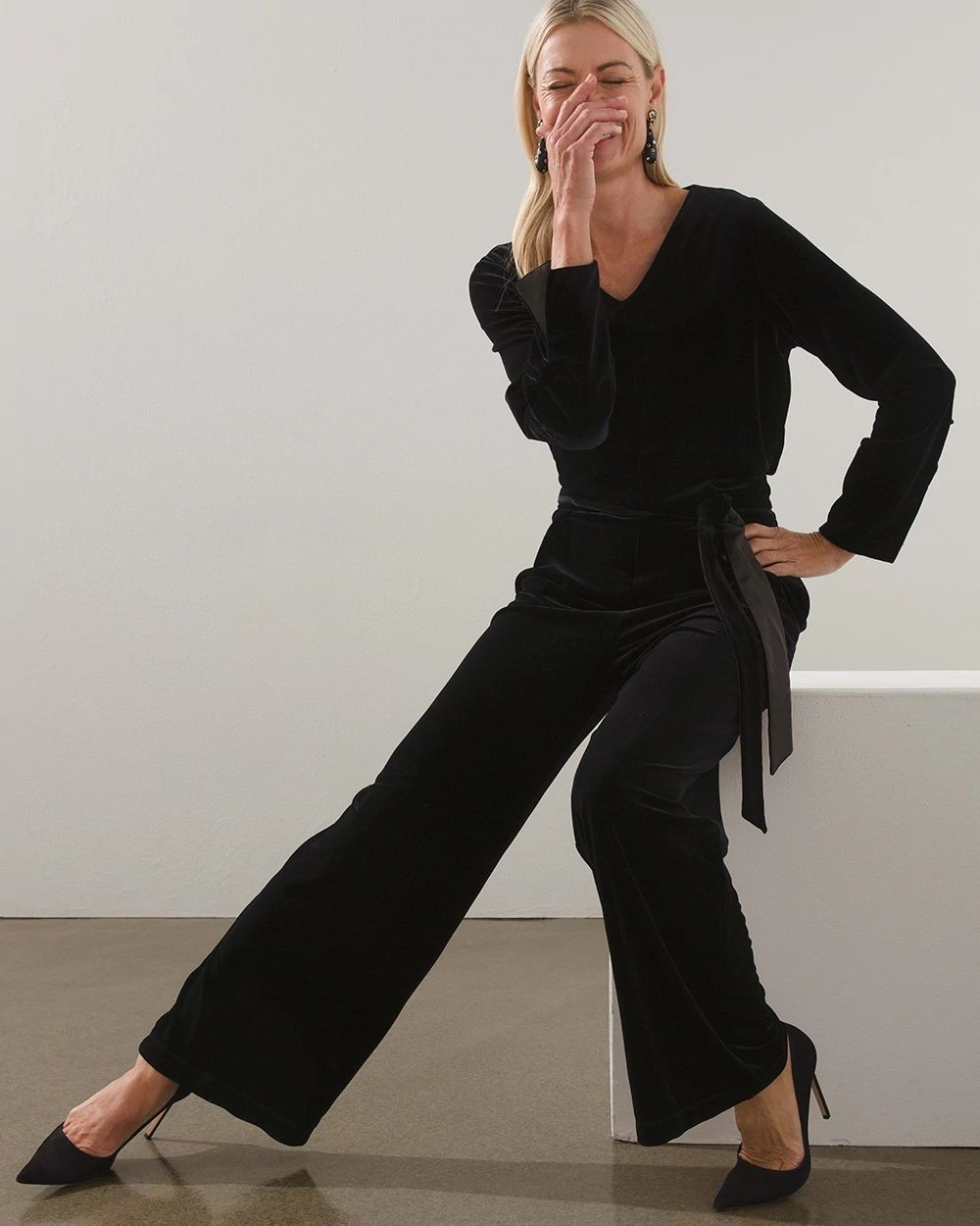 Velvet Drape-Front Jumpsuit