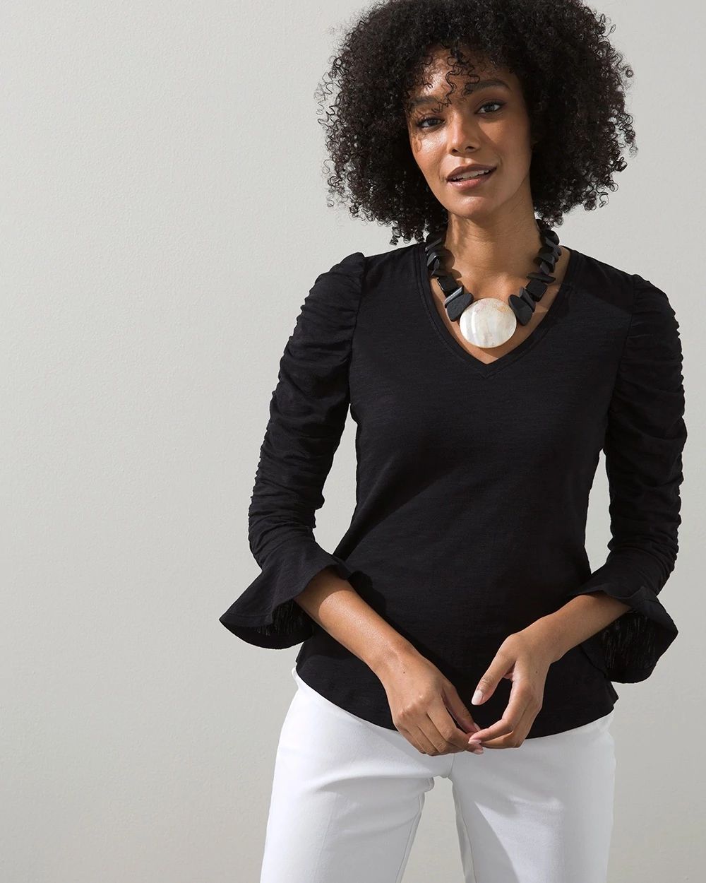 Ruched Sleeve Slub Tee