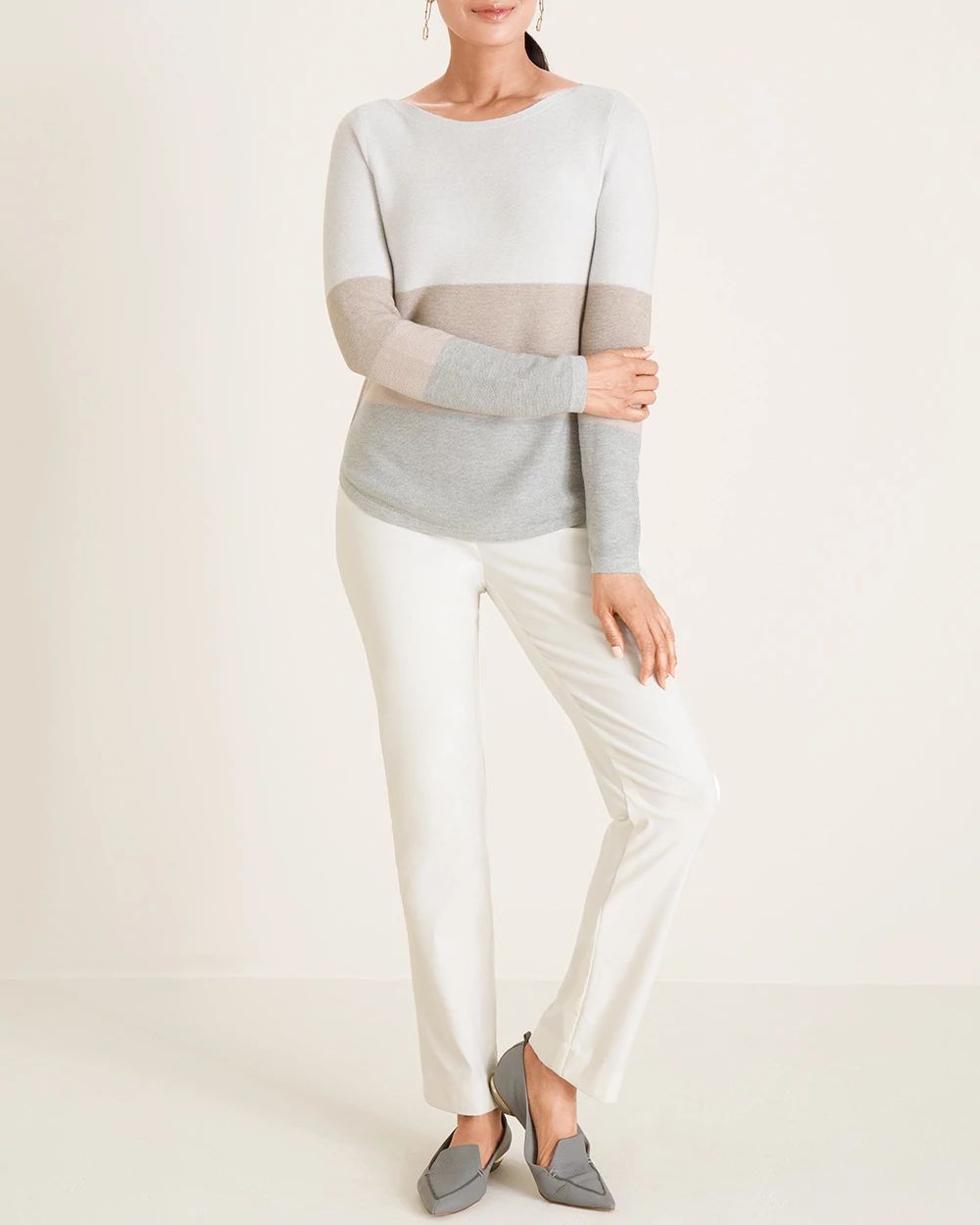 Metallic-Stripe Bateau-Neck Sweater