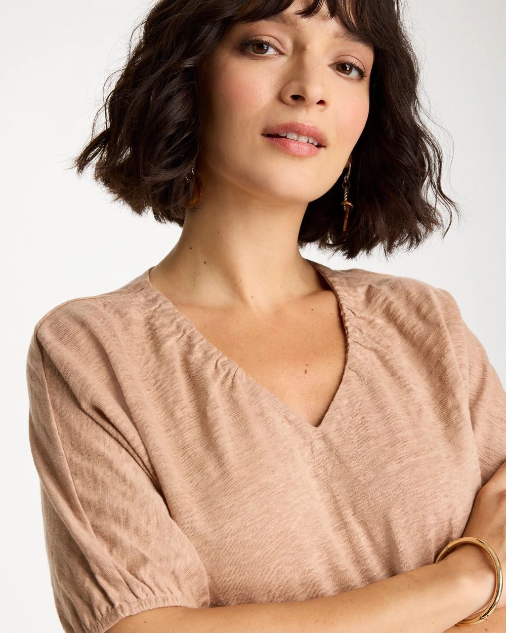 Linen Ruched V-Neck Tee click to view larger image.