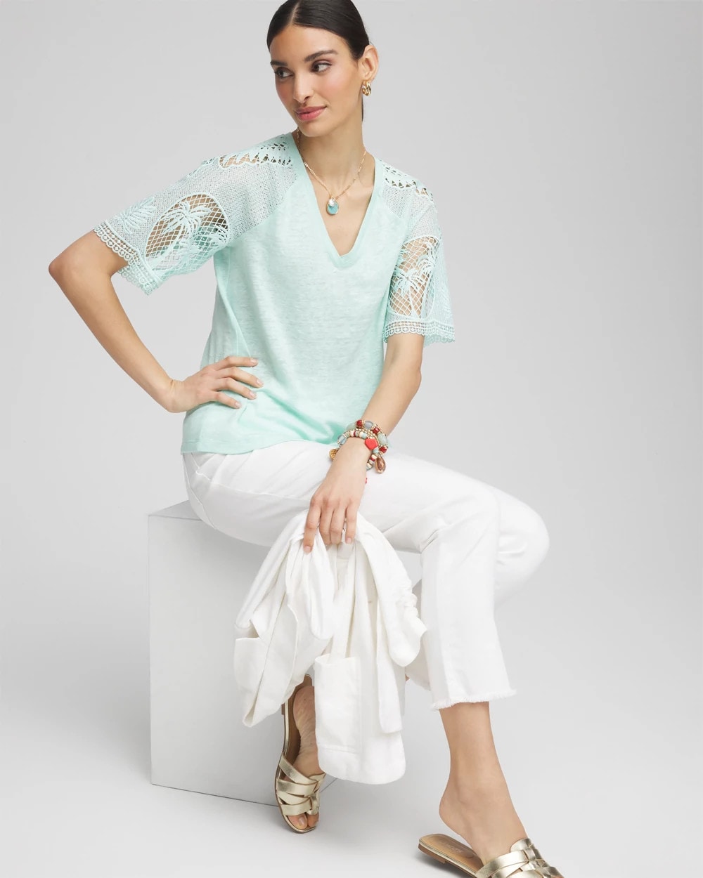 Linen Crochet Lace Short Sleeve Tee