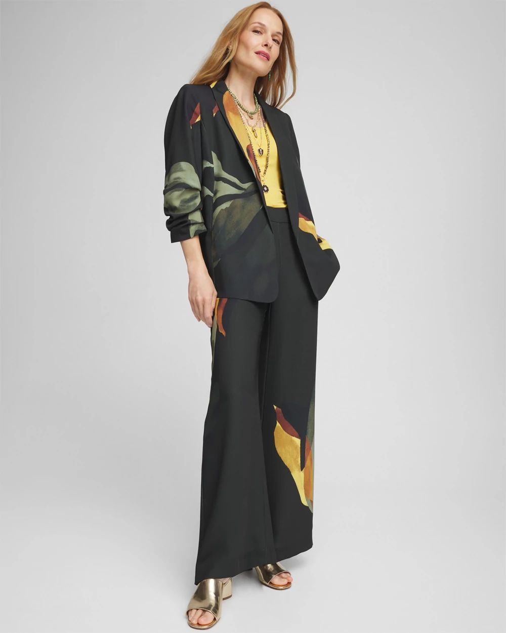 Ruched Sleeve Print Blazer