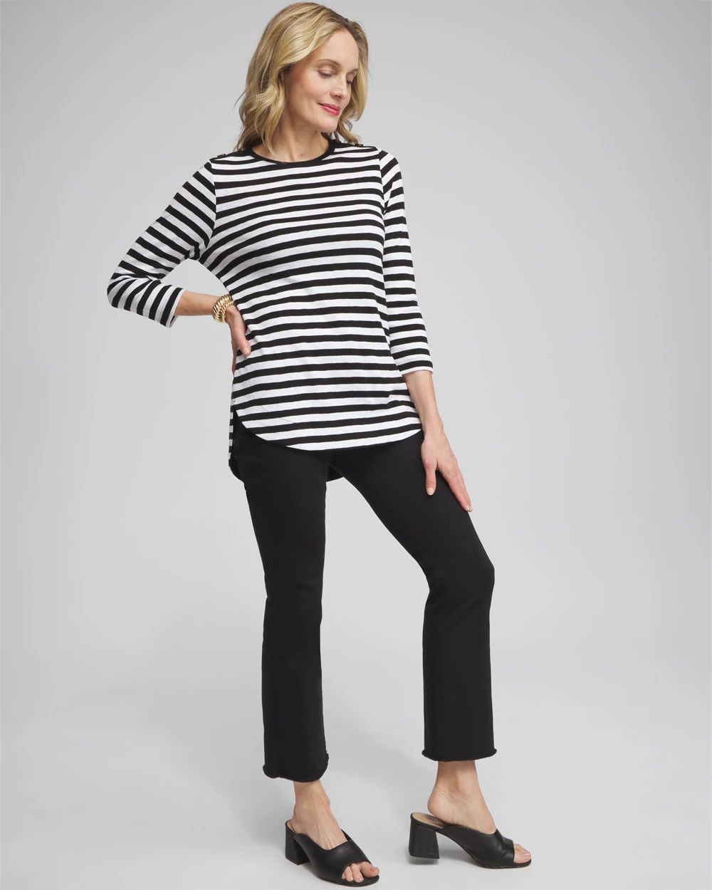 Stripe Button Trim Ribbed Tunic