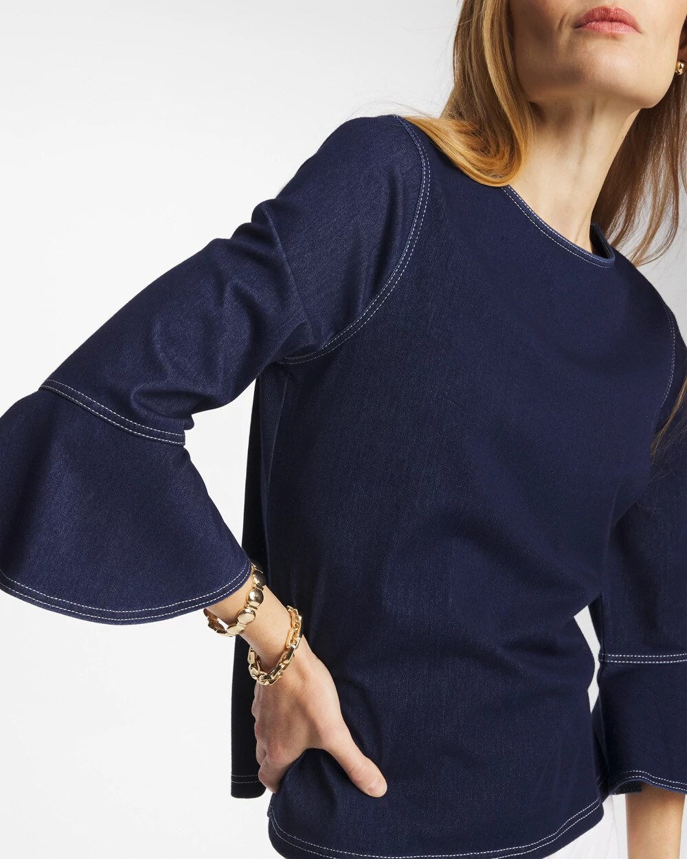 Indigo Denim Trumpet Sleeve Top