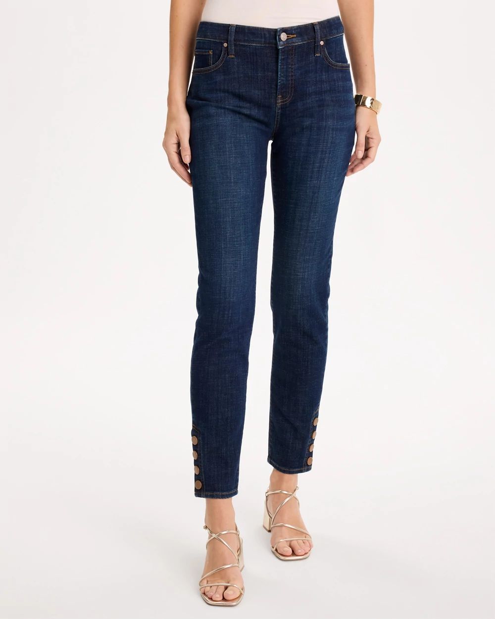 Girlfriend Slim Faux Leather Hem Ankle Jeans click to view larger image.
