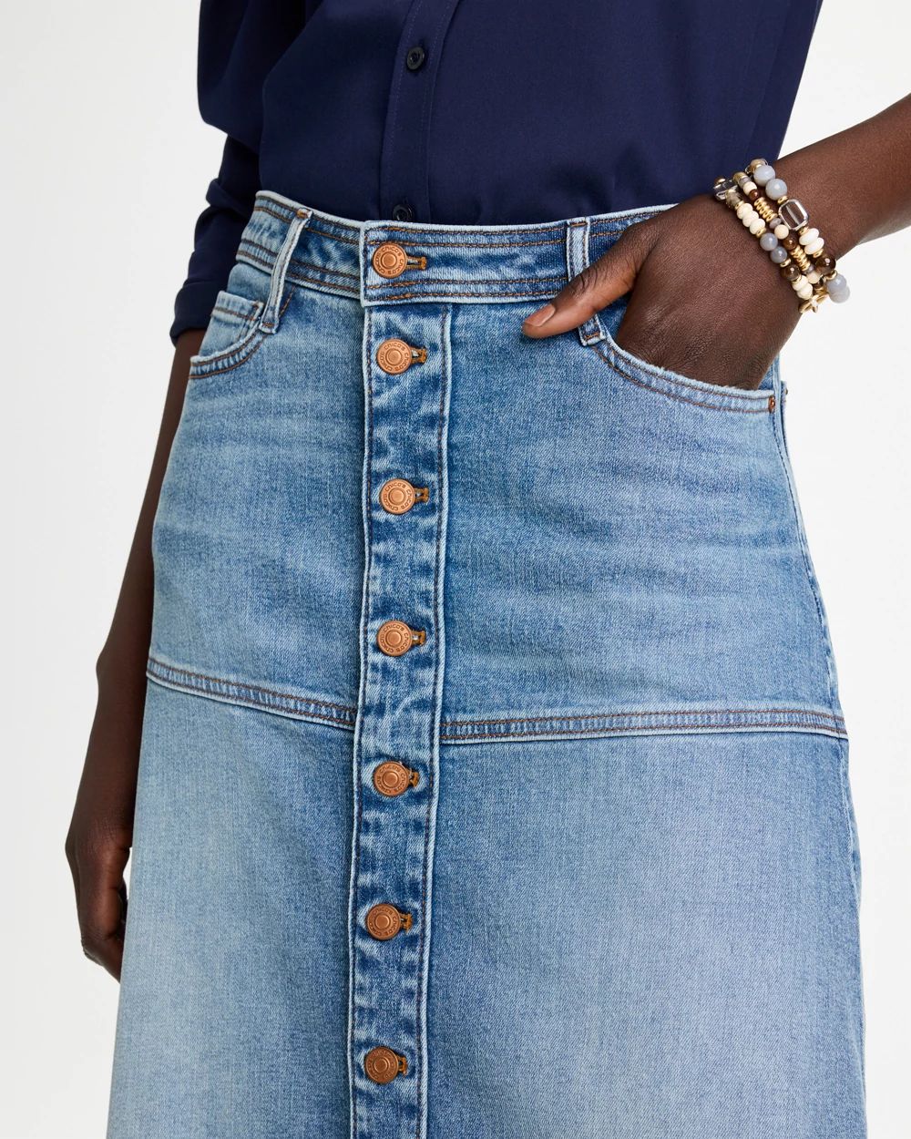 Drapey Denim Button Front Skirt click to view larger image.