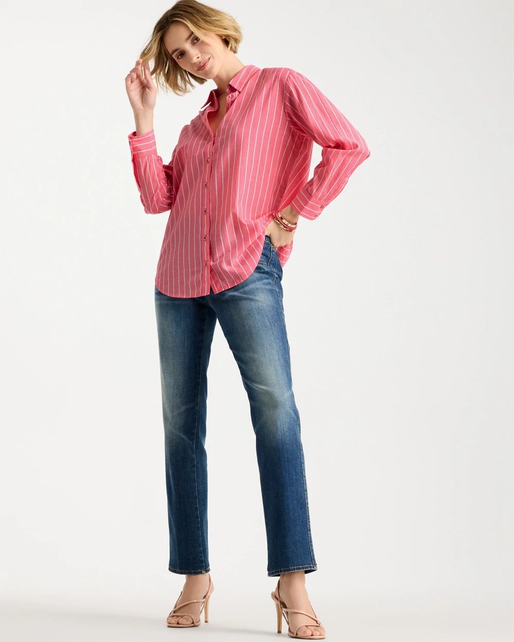 Cotton Voile Collared Striped Shirt click to view larger image.