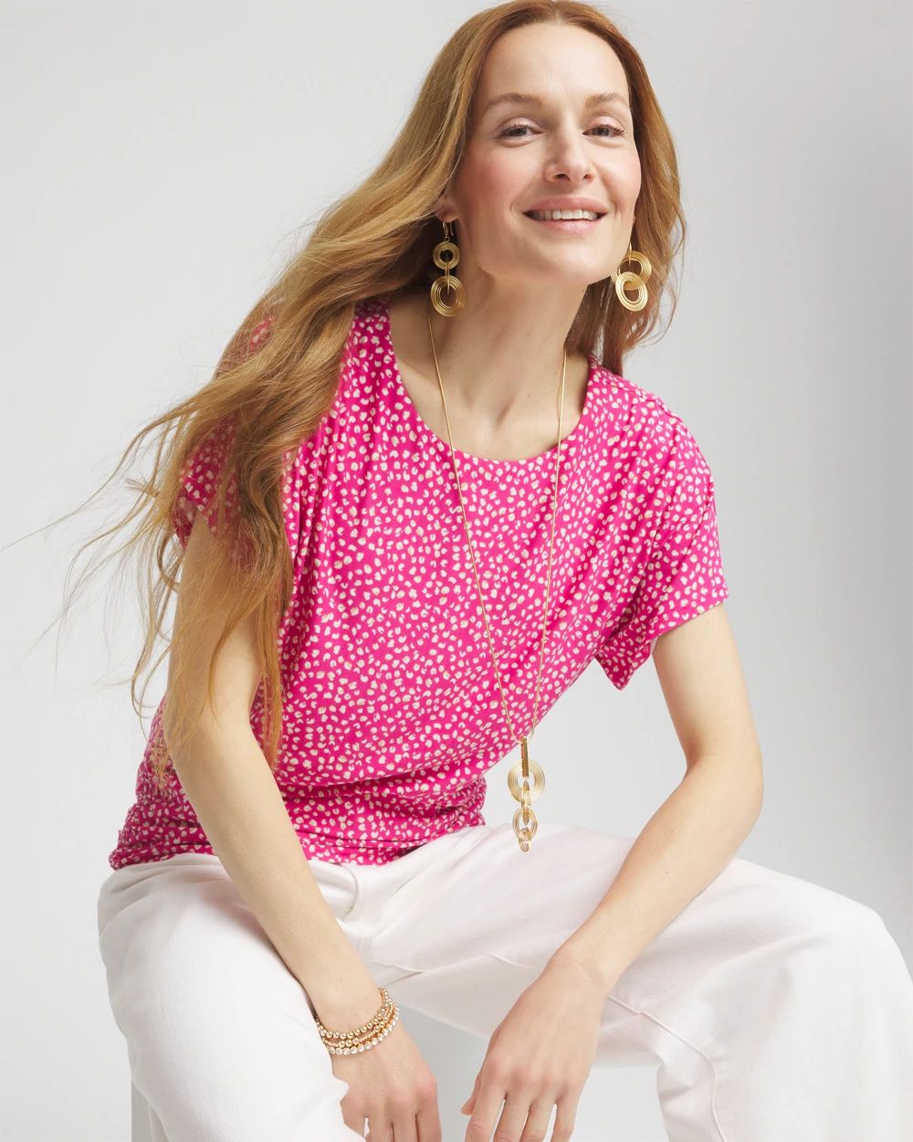 Touch of Cool™ Cheetah Ruched Banded Hem Top click to view larger image.