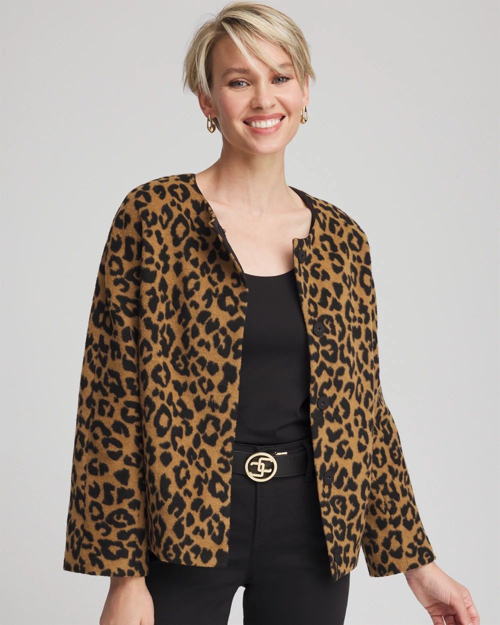 Fuzzy Collarless Animal Print Jacket