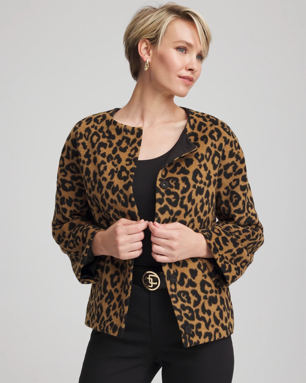 Chico's Fuzzy Collarless Animal Print Jacket In Tan In Animal Print