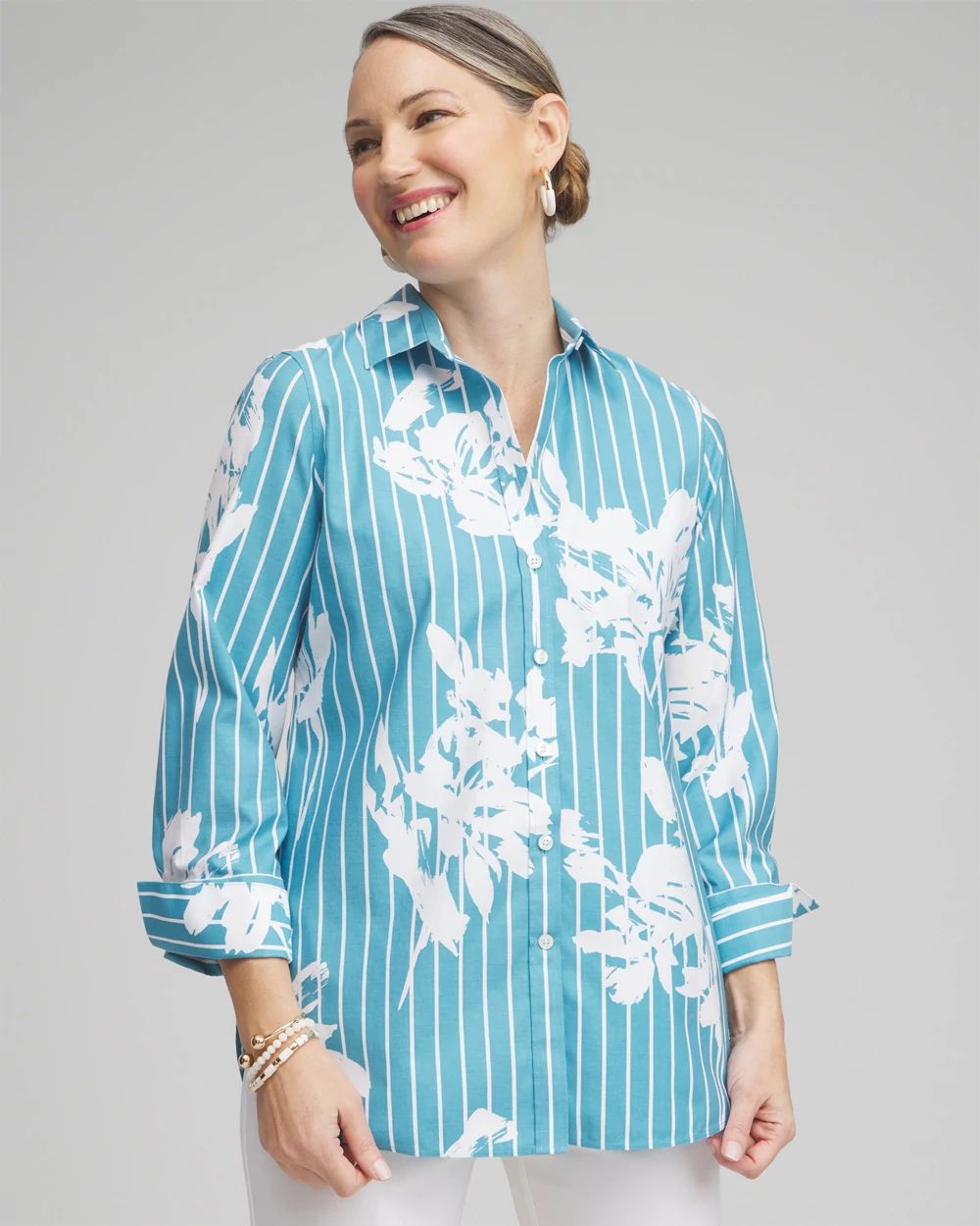 No Iron™ Stretch Iris Print 3/4 Sleeve Shirt