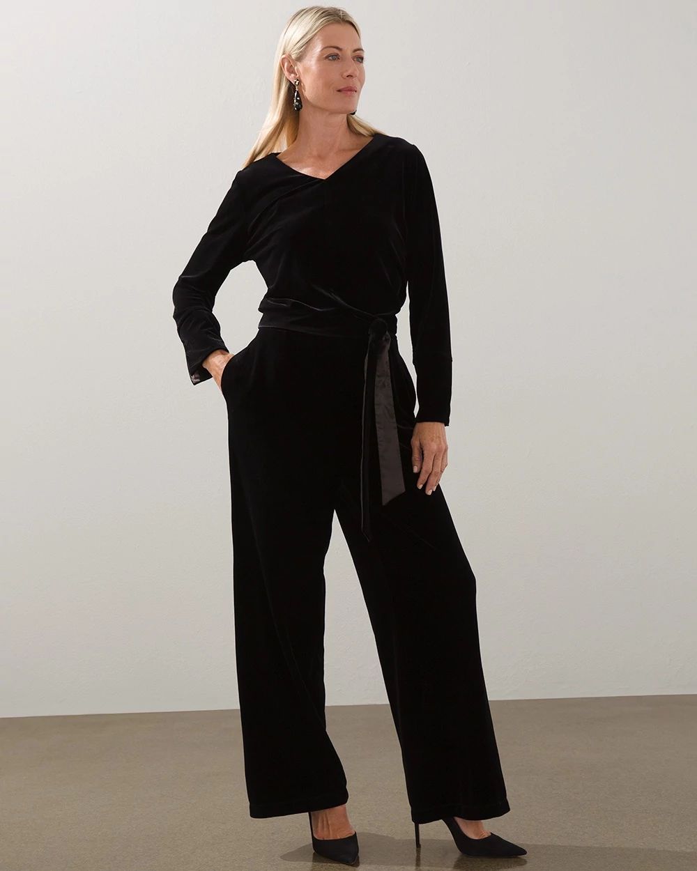 Velvet Drape-Front Jumpsuit