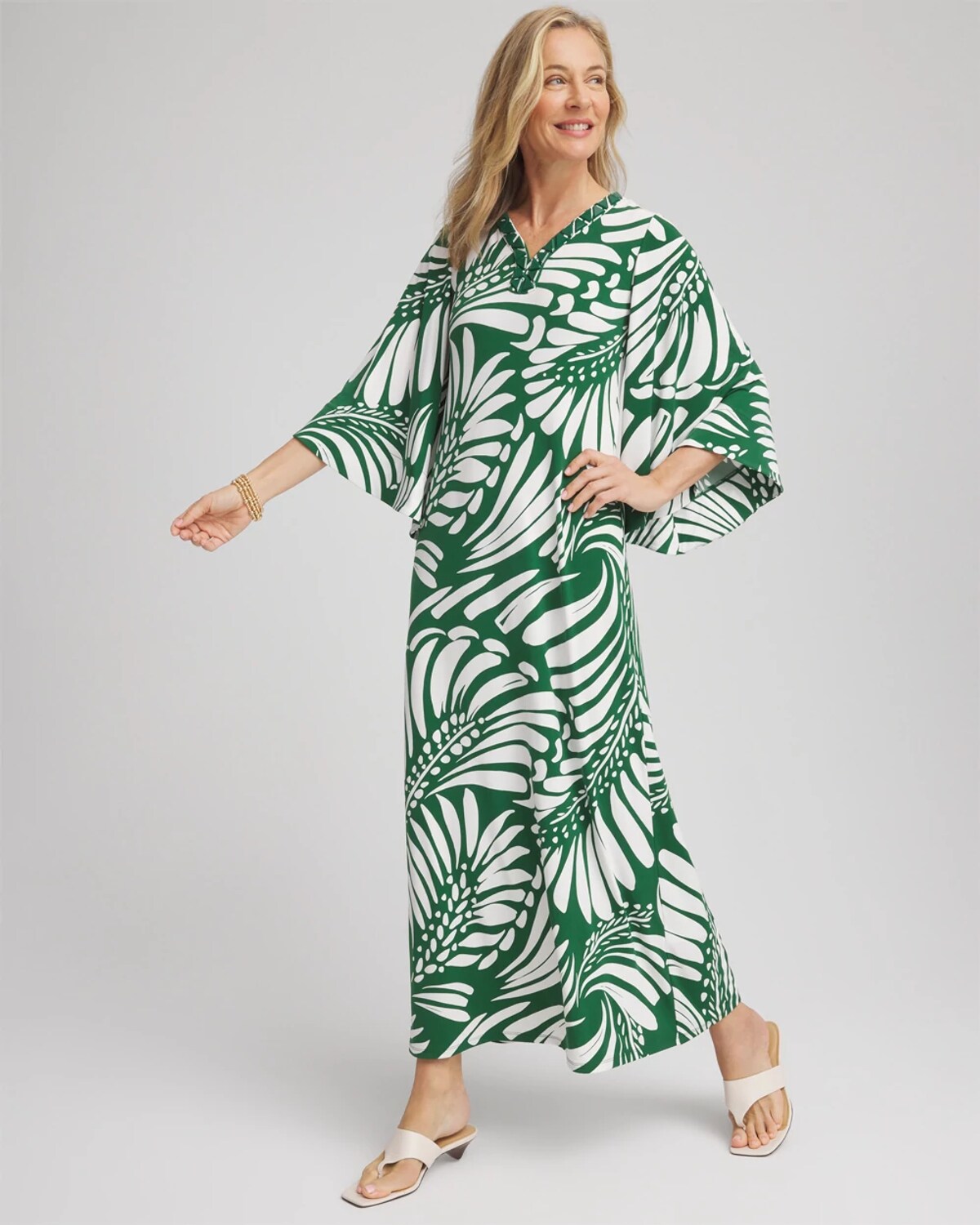 Chico's Palm-front-motif Beaded Knit Maxi Dress In Palm Leaf In Green