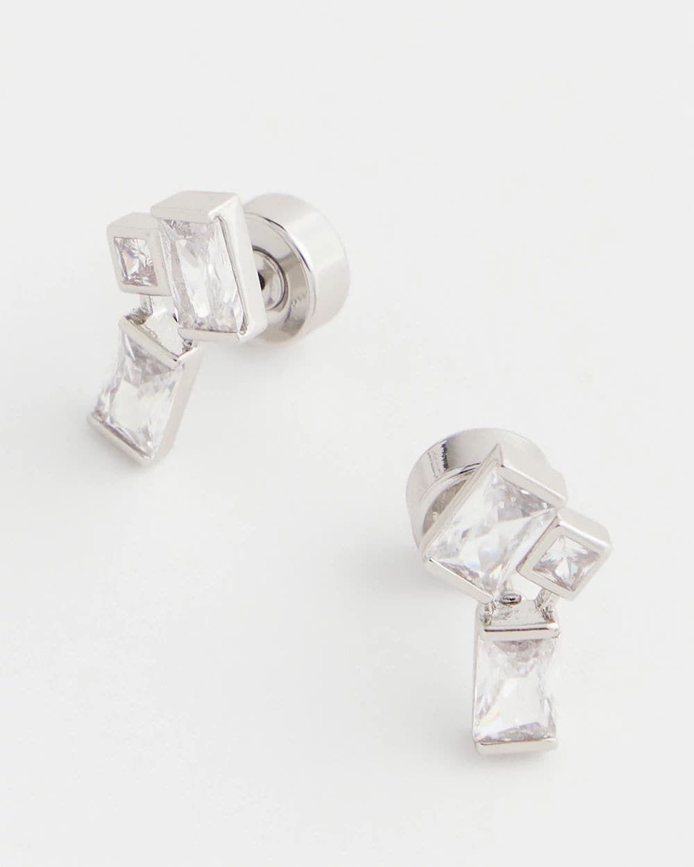 Emerald Cut Silvertone Cluster Stud Earrings click to view larger image.