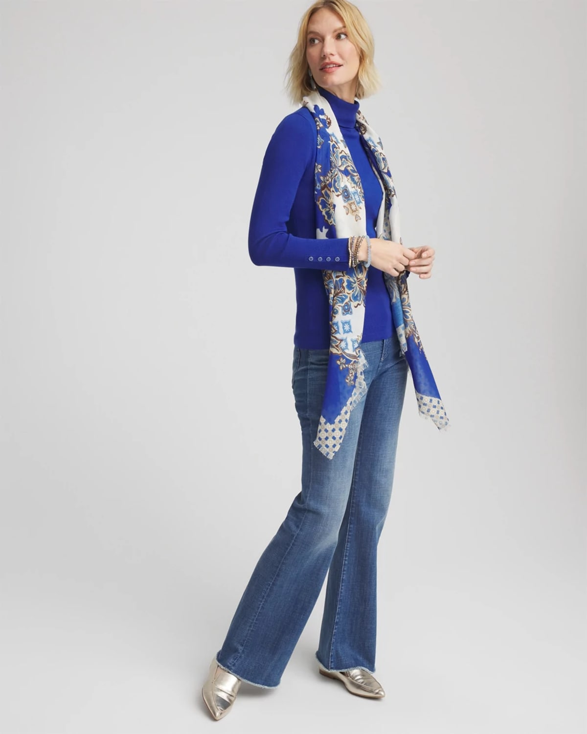 Chico's Ecovero Button Cuff Turtleneck Sweater In Cobalt Stone In Blue