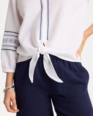 Cotton Gauze Embroidered Tie-Front Blouse click to view larger image.