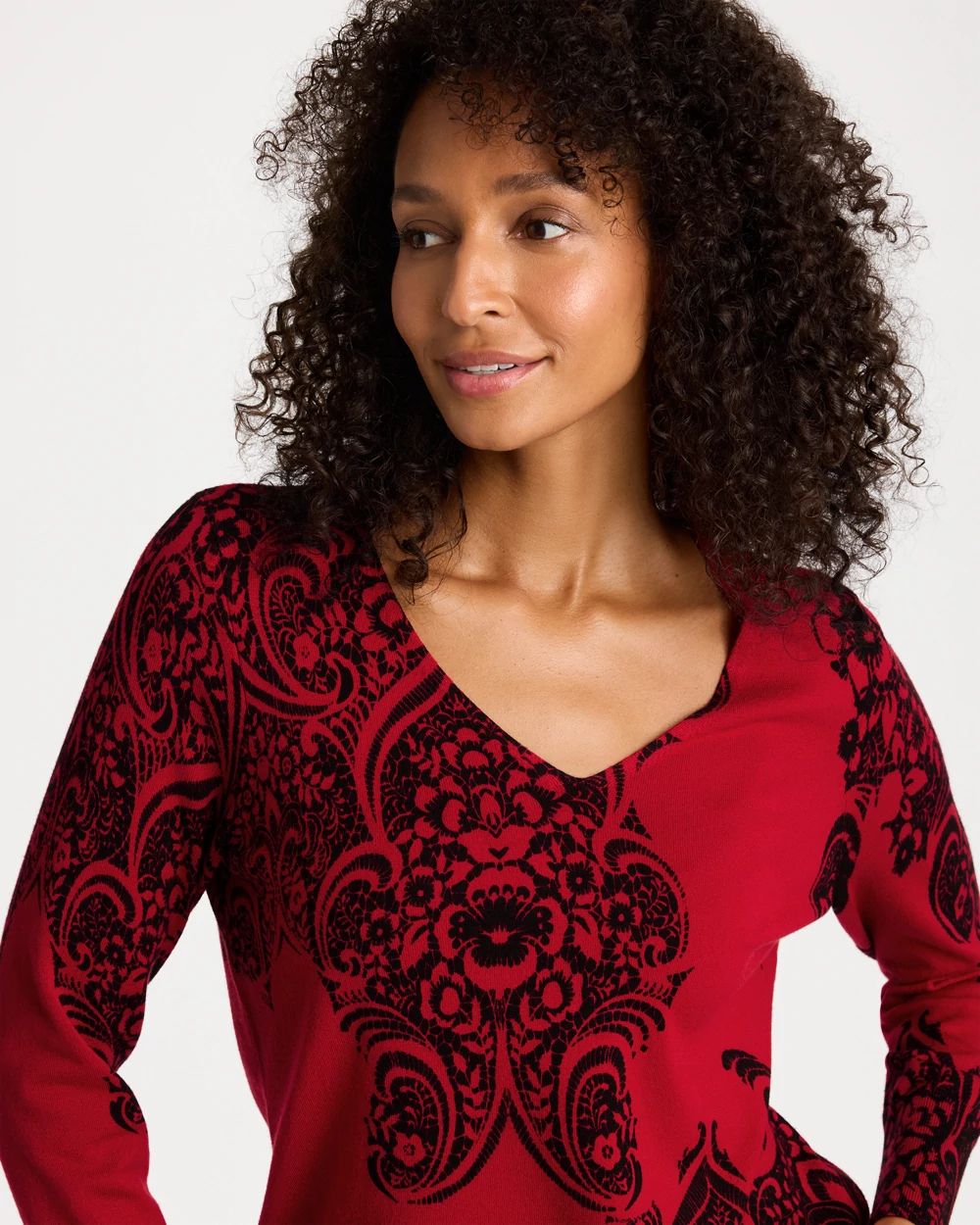 Ella V-Neck Printed Pullover Sweater click to view larger image.