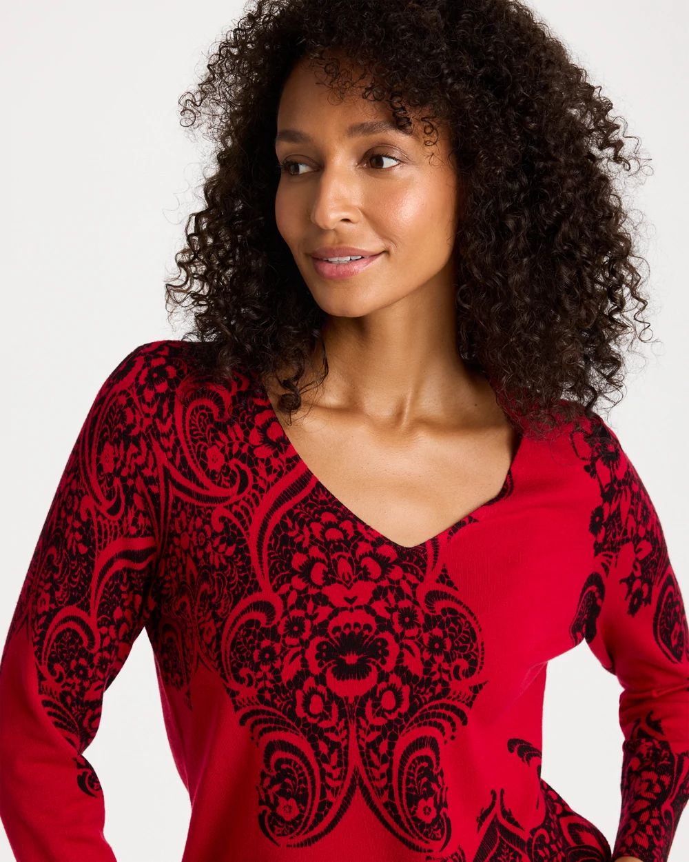 Ella V-Neck Printed Pullover Sweater click to view larger image.
