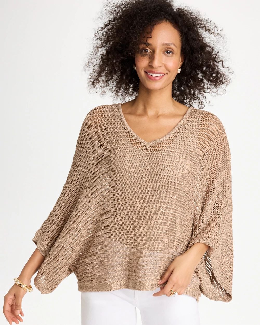 V-Neck Metallic Knit Poncho