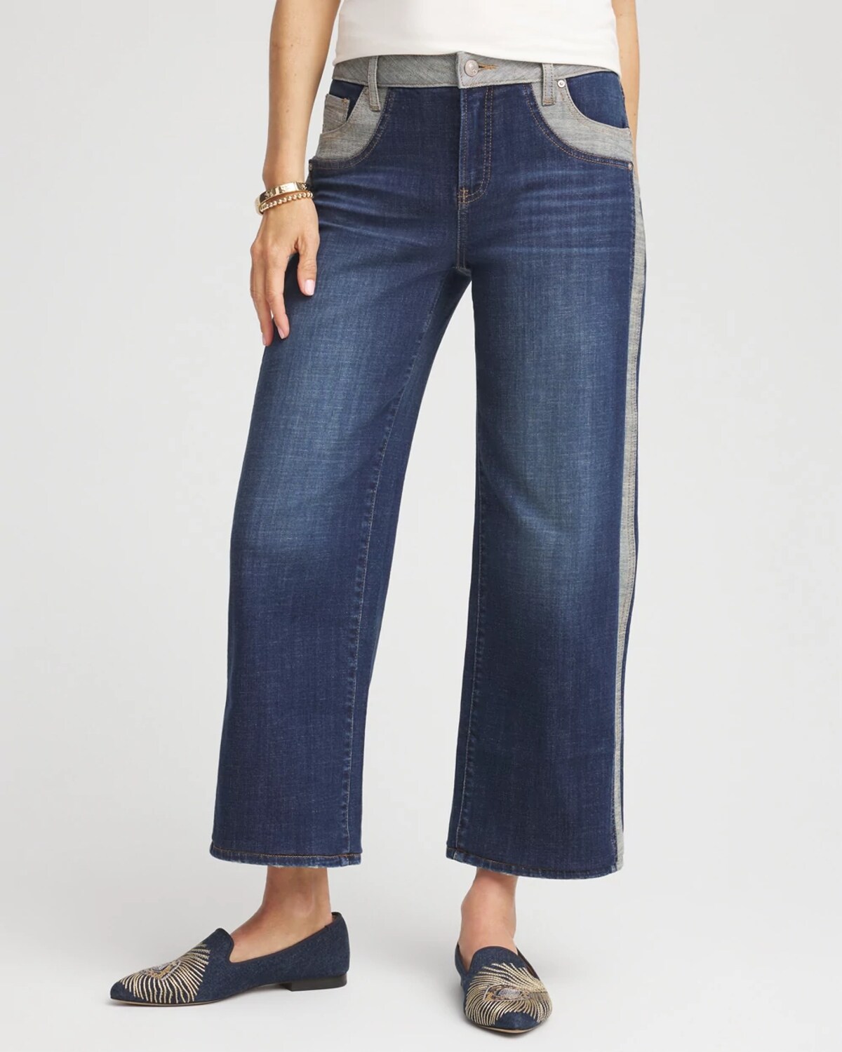 Chico's Girlfriend Cropped Colorblock Wide-leg Jeans In Eclipse Indigo