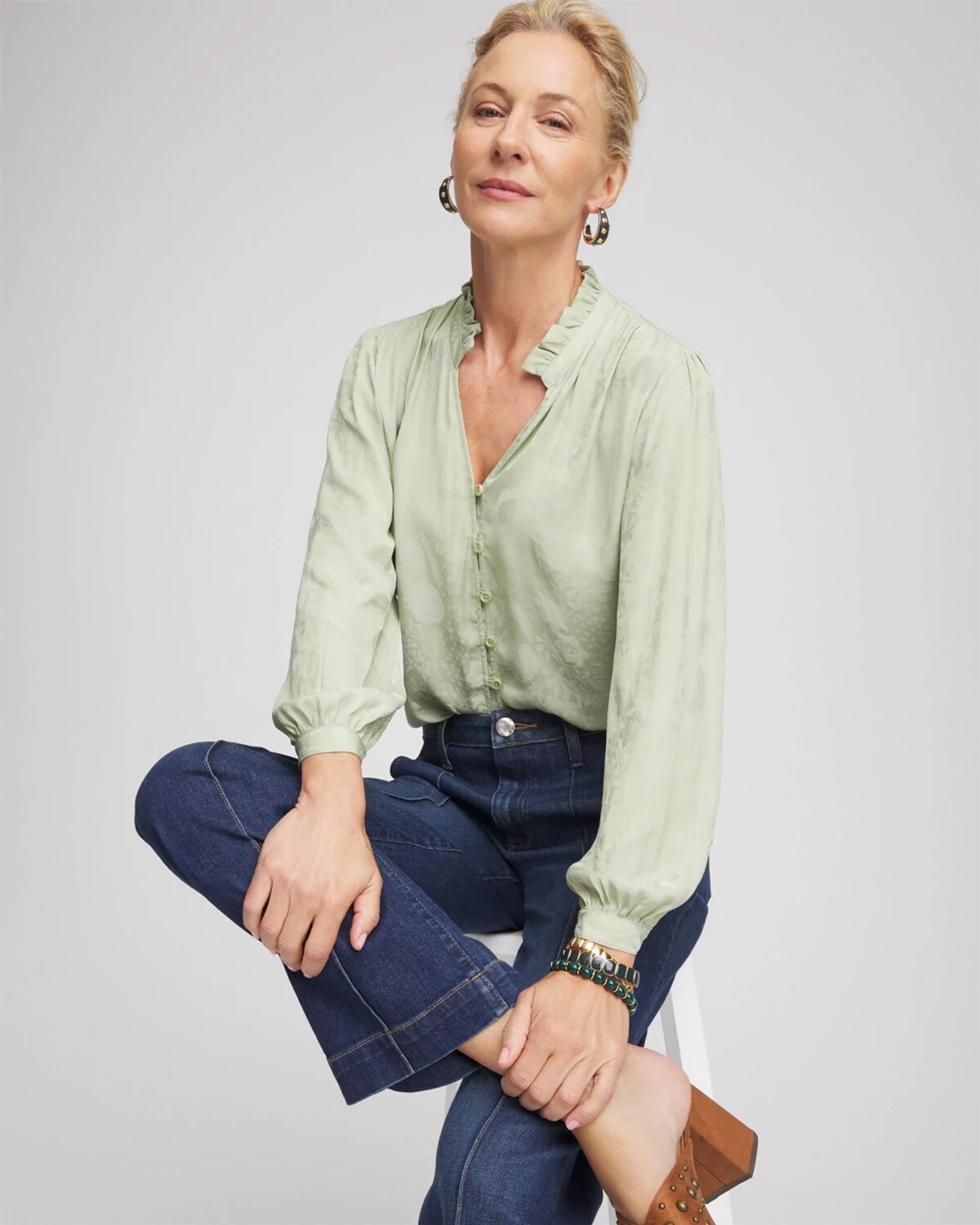 Chico's Floral Georgette Peasant Blouse In Sage Meadow