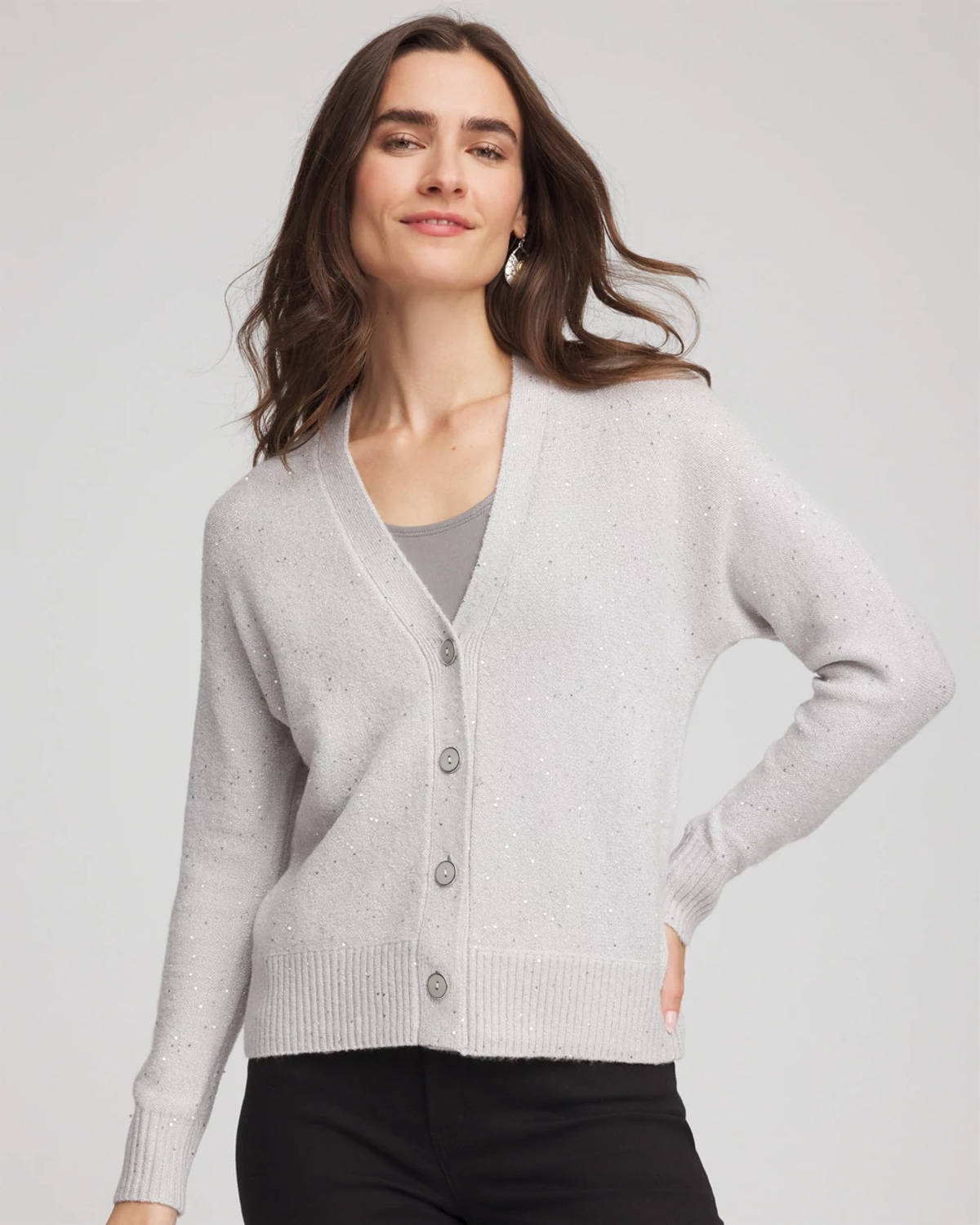 Chico's Shine Boyfriend Cardigan Sweater In Denim In Gray