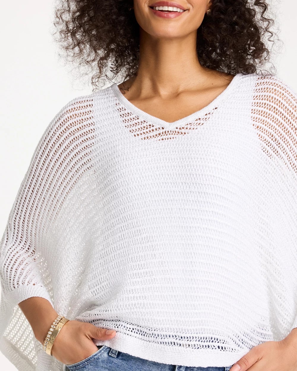 V-Neck Metallic Knit Poncho
