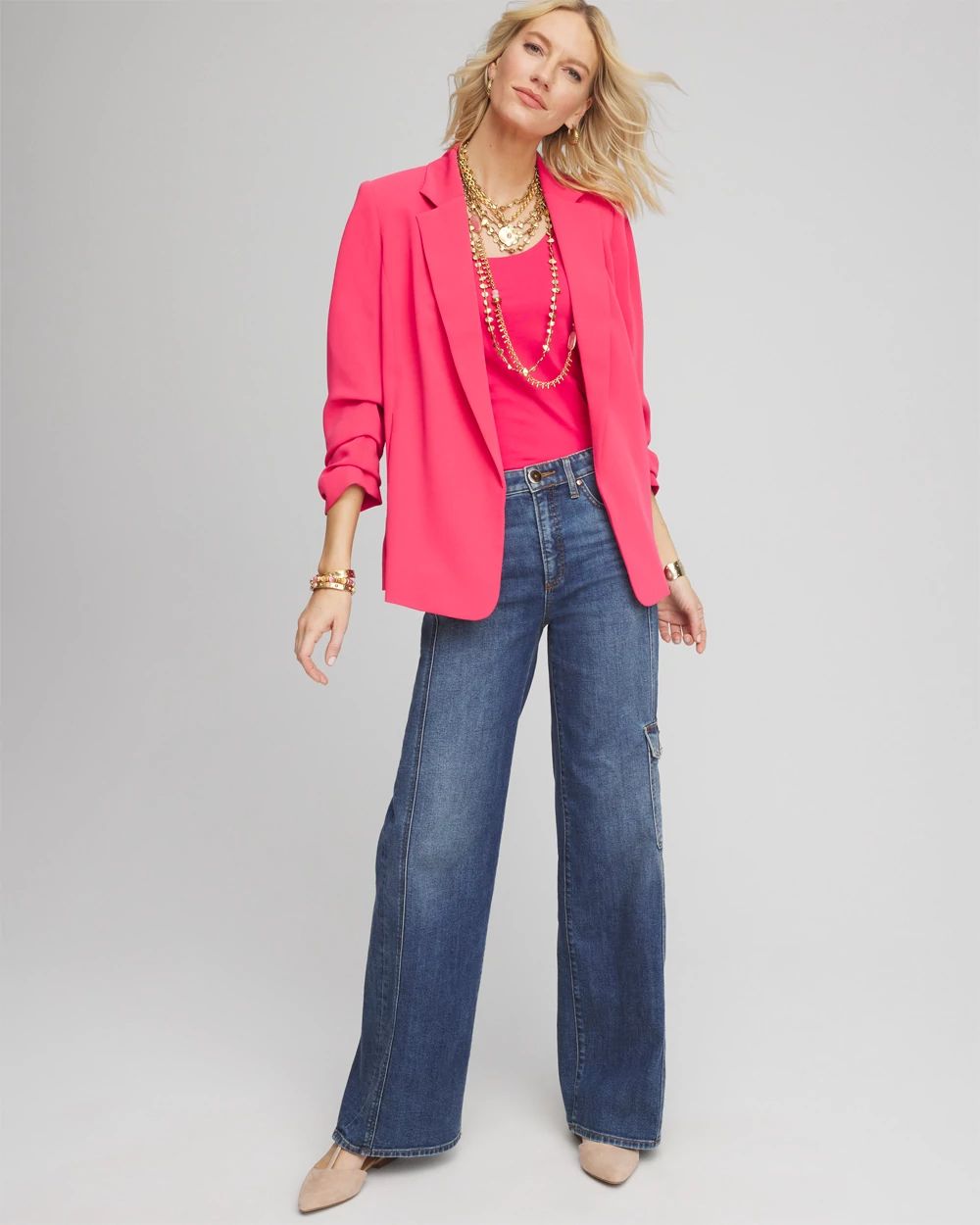 Notched-Lapel Ruched Sleeve Blazer click to view larger image.