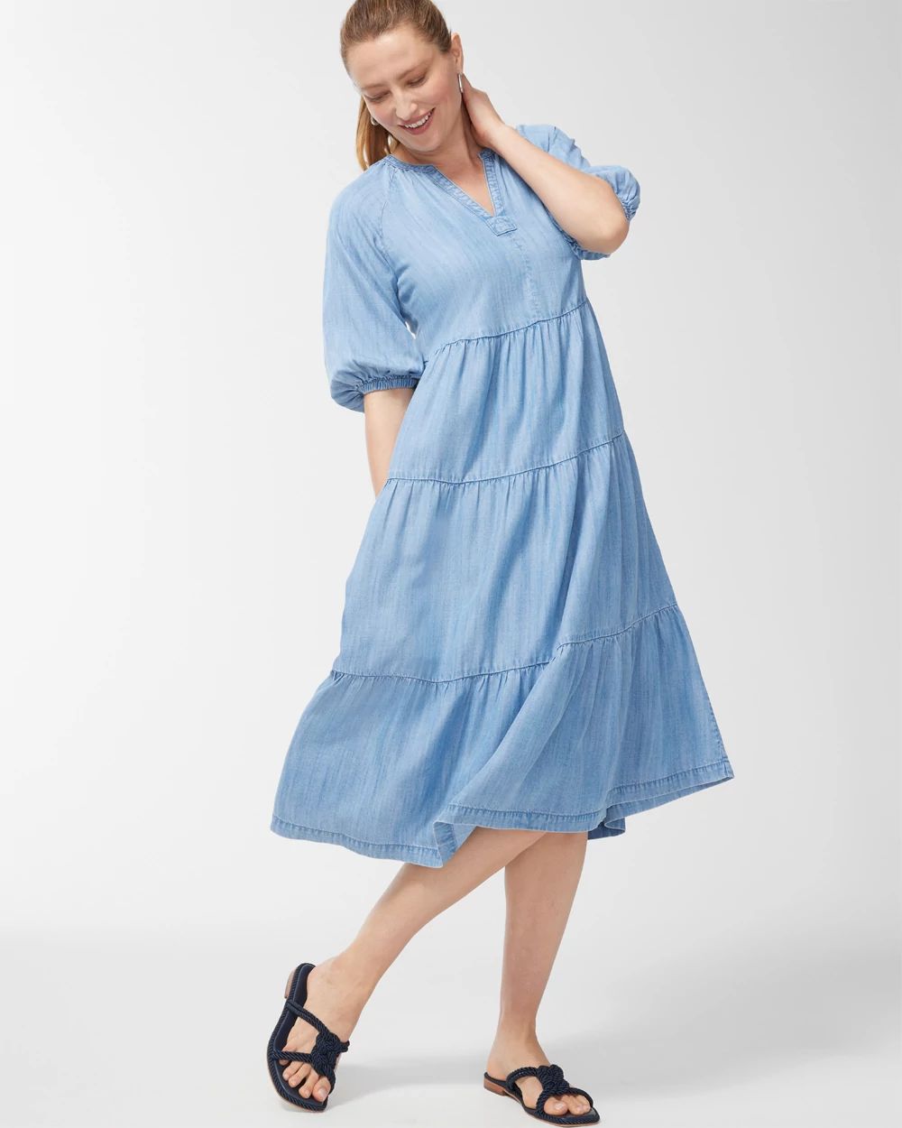 Tencel Puff Sleeve Tiered Dress