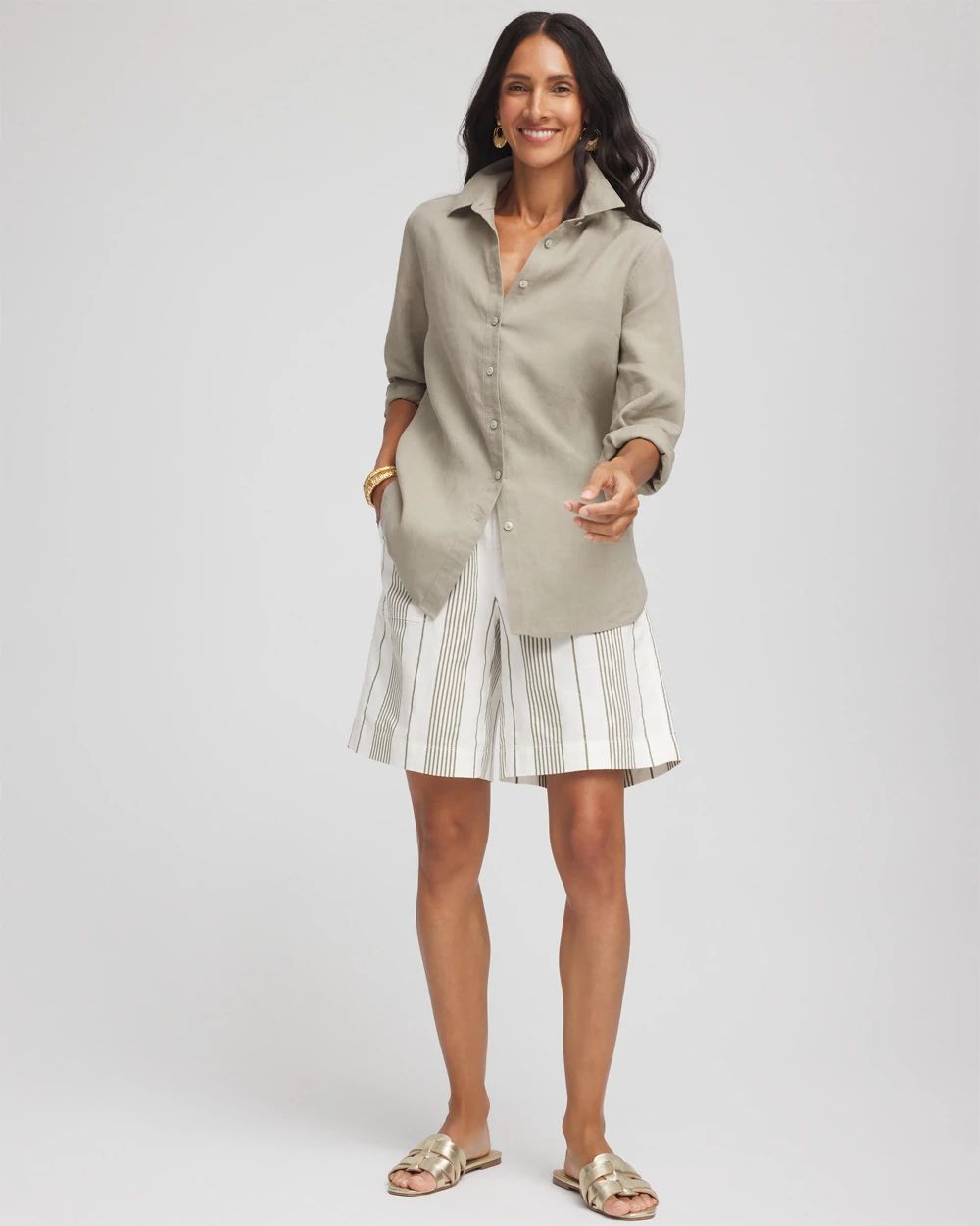 Striped Cotton-Linen Pull-On Utility Shorts