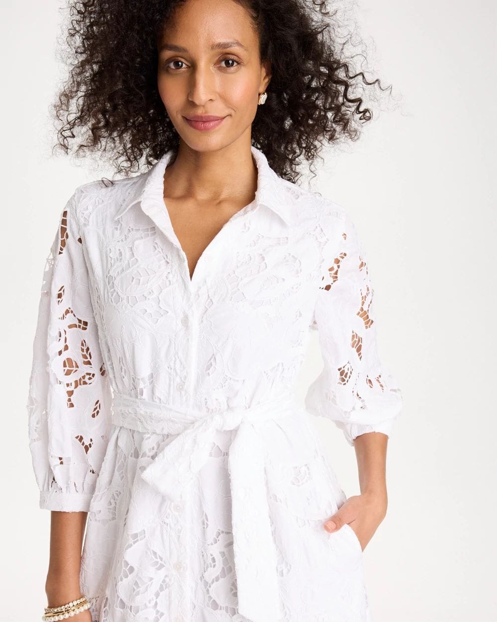 Lace Cutout Belted Shirtdress click to view larger image.