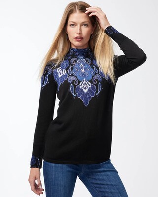 Mock Neck Scroll Print Pullover Sweater