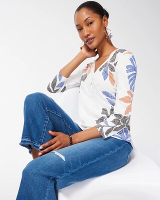 Leaf Print 3/4 Sleeve Slub Tee