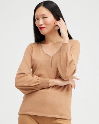 Caviar Trim V-Neck Pullover Sweater
