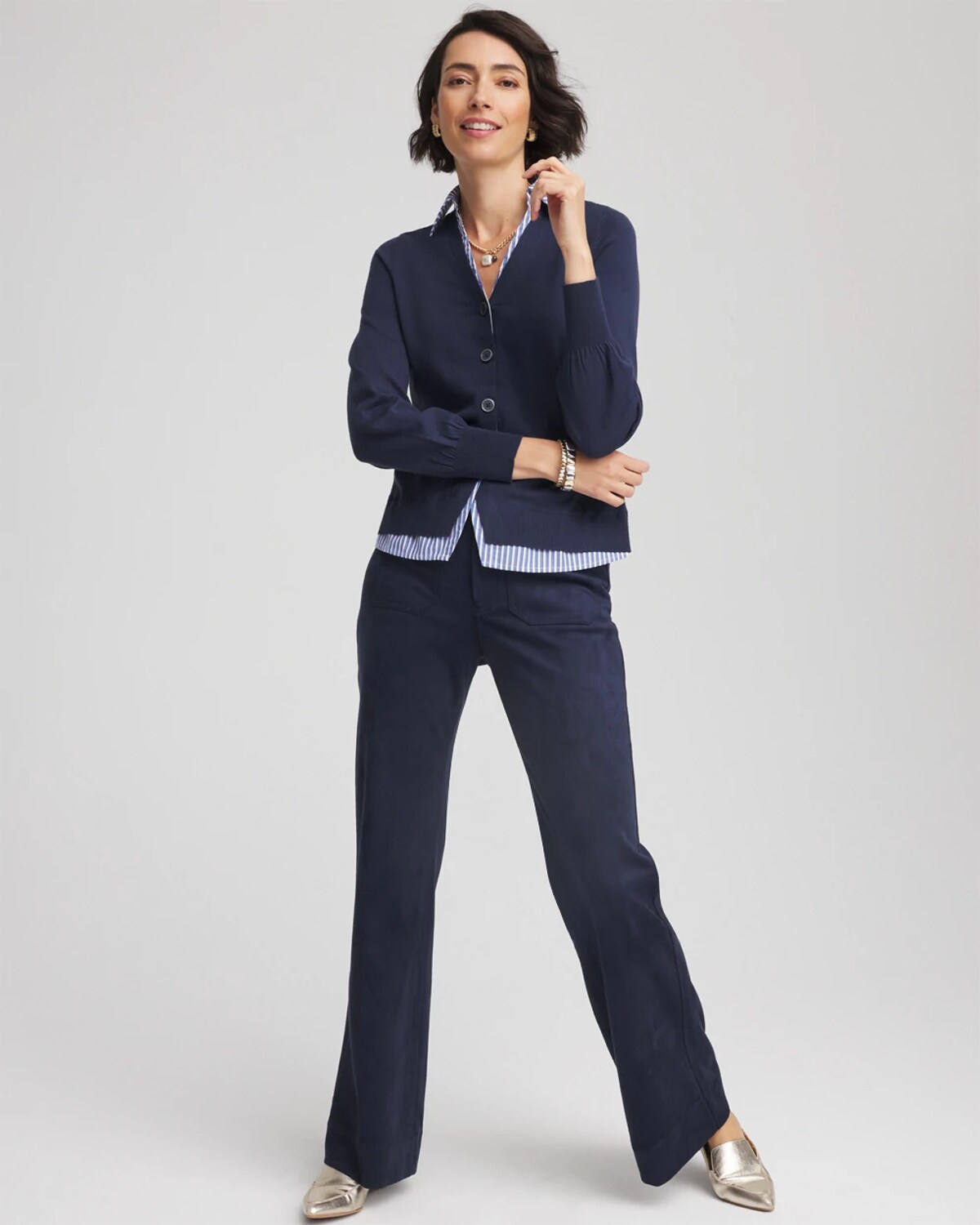 Chico's Striped Collared Cardigan Sweater In Blue
