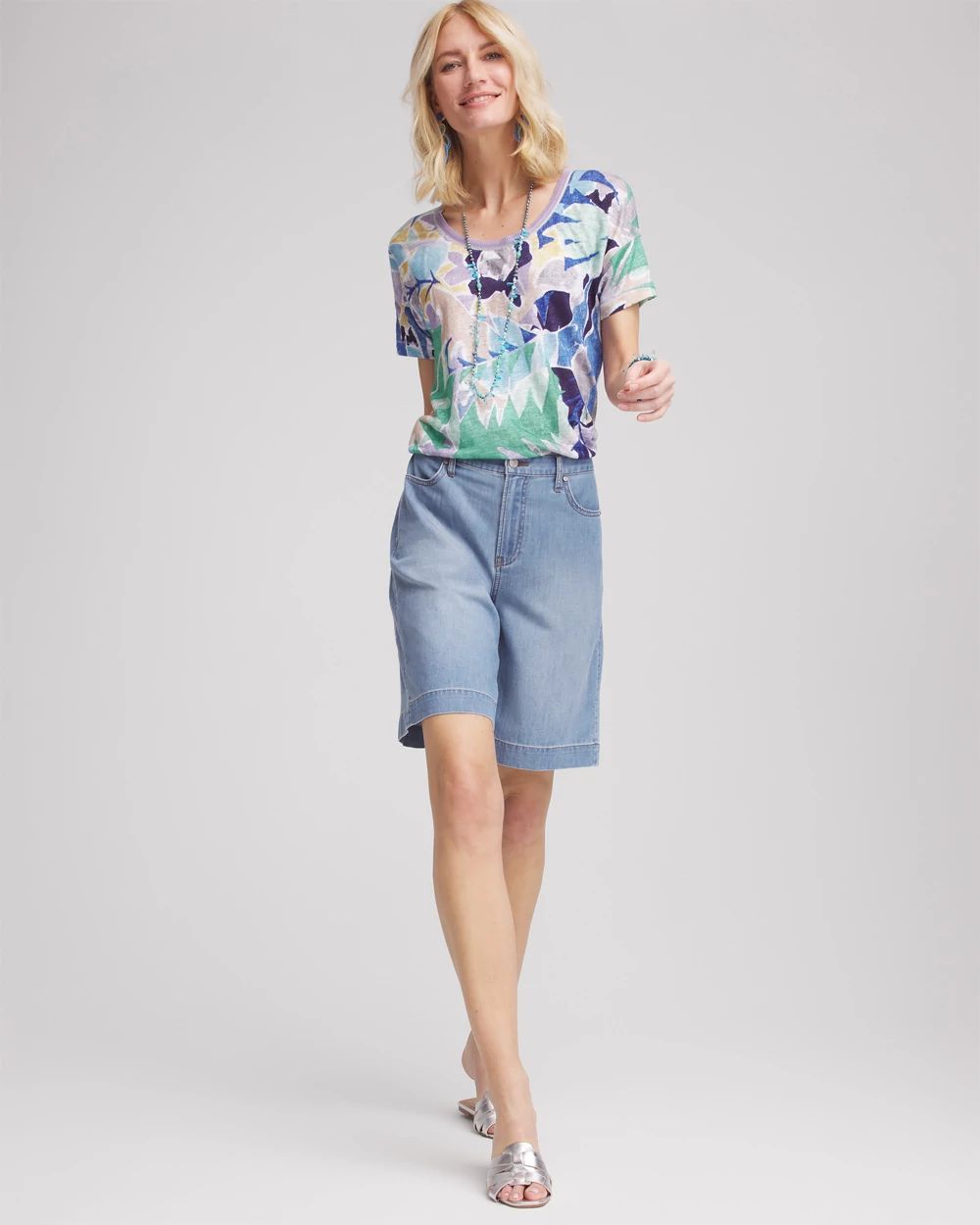 Tropical Nights Sweater-Trim Linen Tee