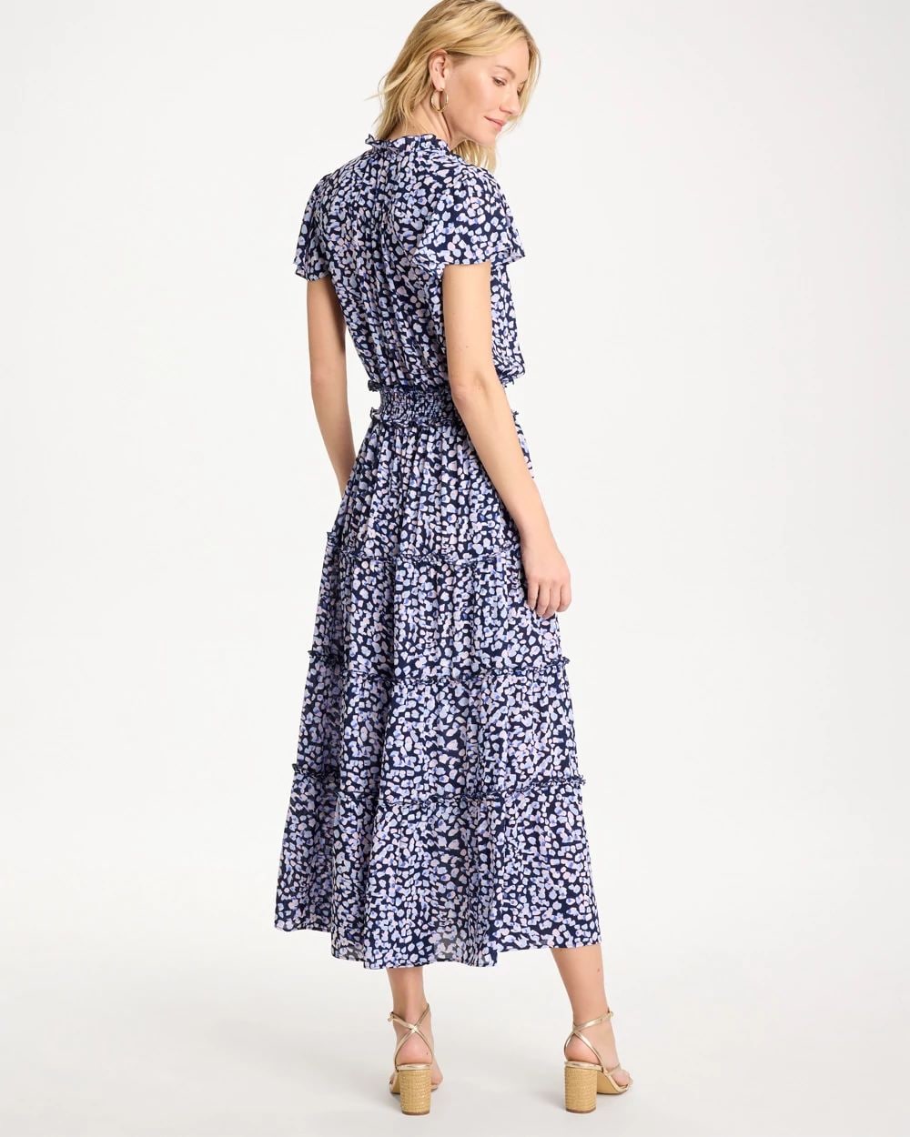 Crepe Smocked Flutter-Sleeve Dress click to view larger image.