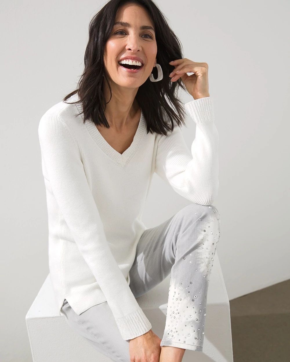 Sequin V-Neck Pullover Sweater