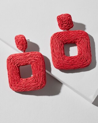 Red Raffia Square Earrings