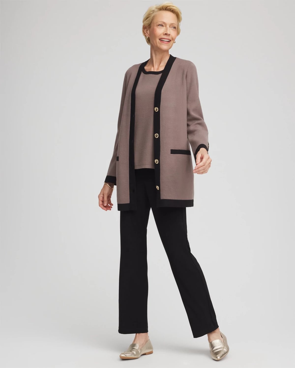 Chico's Travelers Tipped Button-down Cardigan Sweater In Deep Taupe In Brown