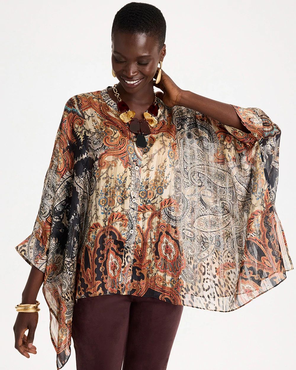 Button-Front Crewneck Cuffed Poncho