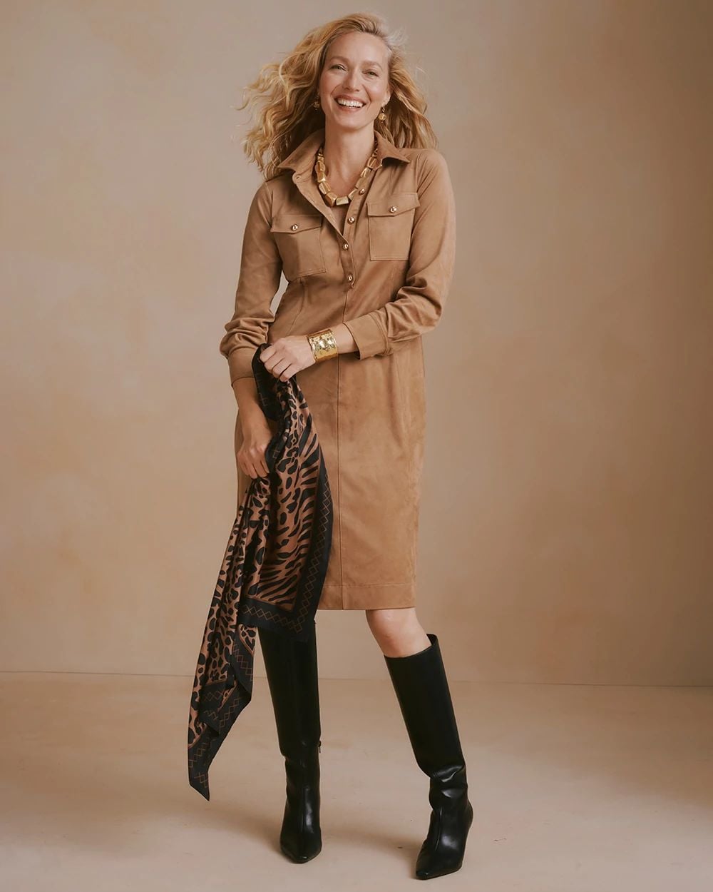 Faux Suede Long Sleeve Shirtdress