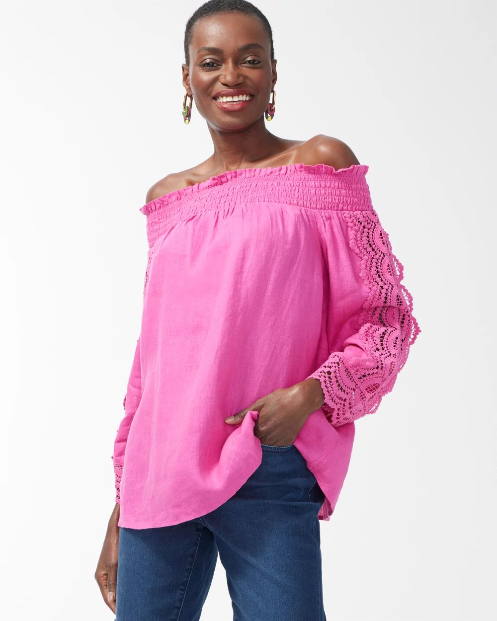 Linen Off-Shoulder Cutwork Top