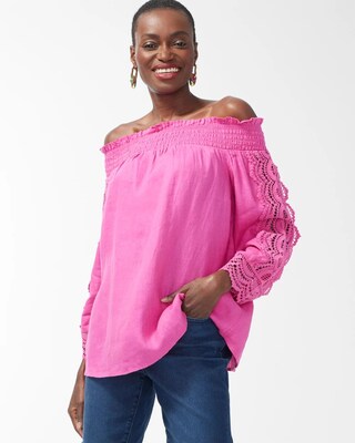 Linen Off-Shoulder Cutwork Top