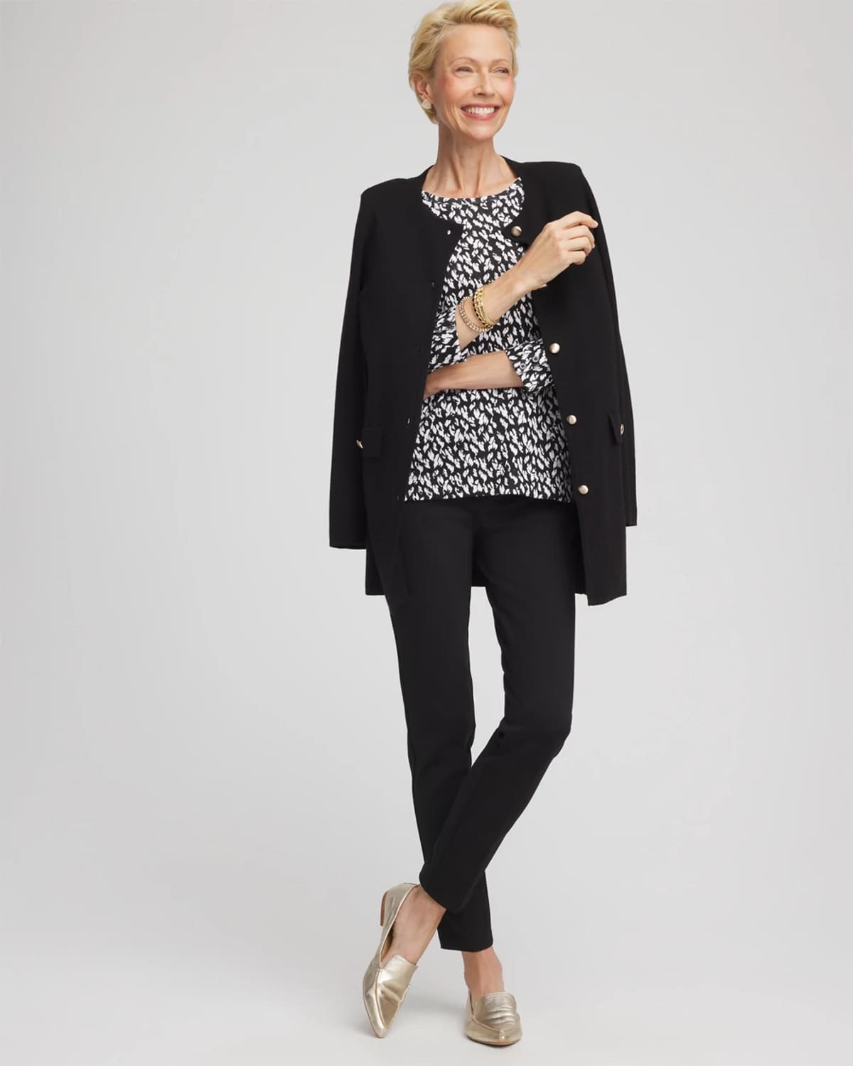 Chico's Pima Crewneck Button Tee In Black In Black