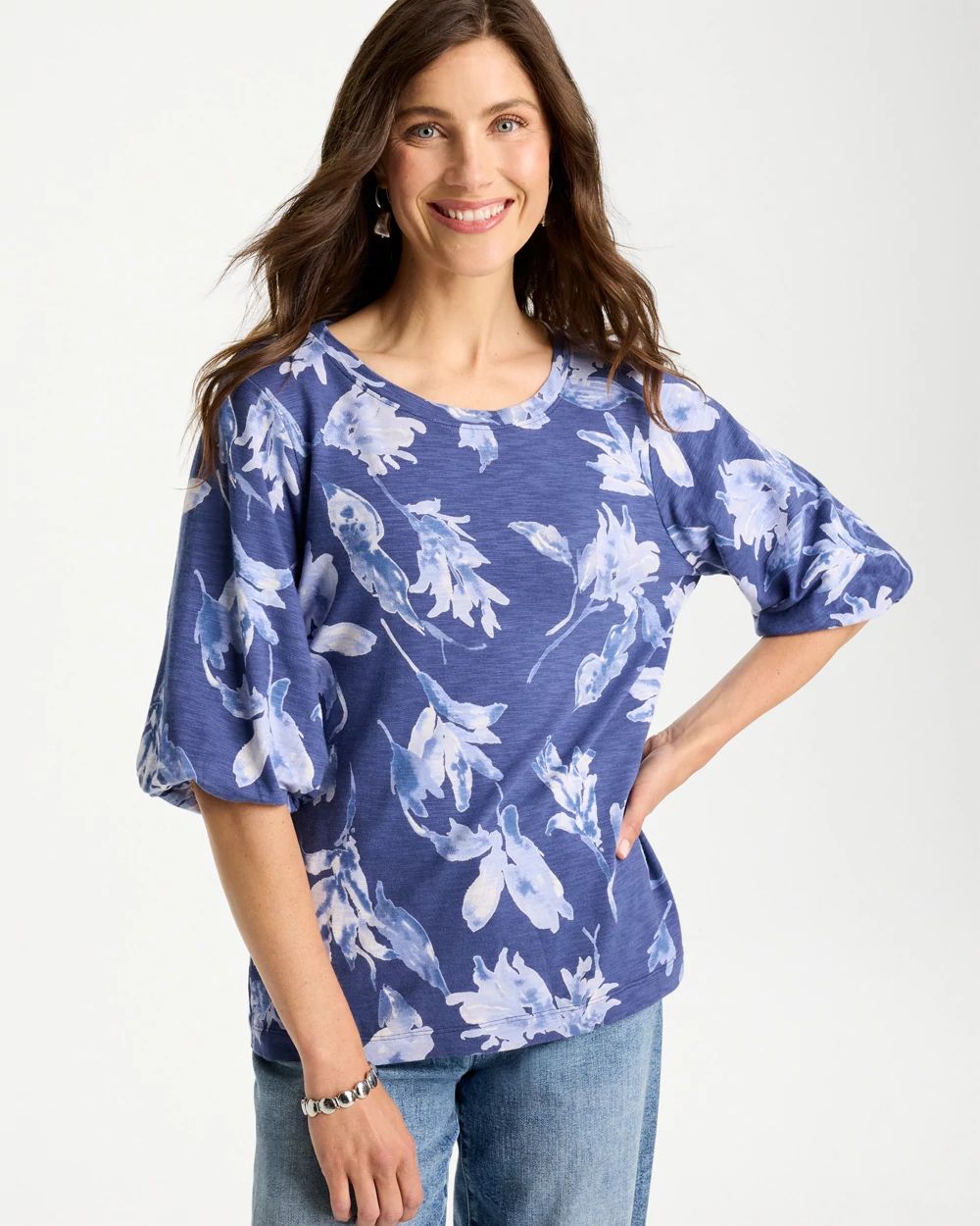 Printed Cotton Slub Poplin Pleat Sleeve Tee