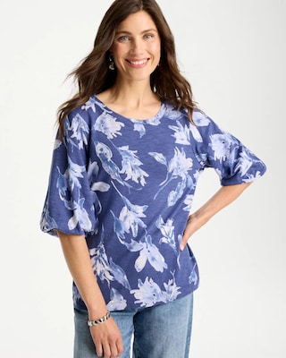 Printed Cotton Slub Poplin Pleat Sleeve Tee