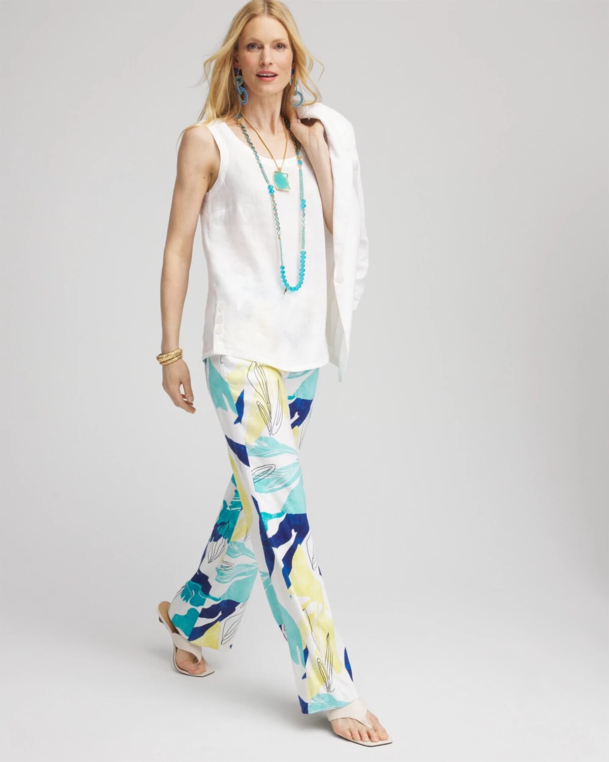Chico's Tropical Linen Stretch Relaxed Pants In White In White