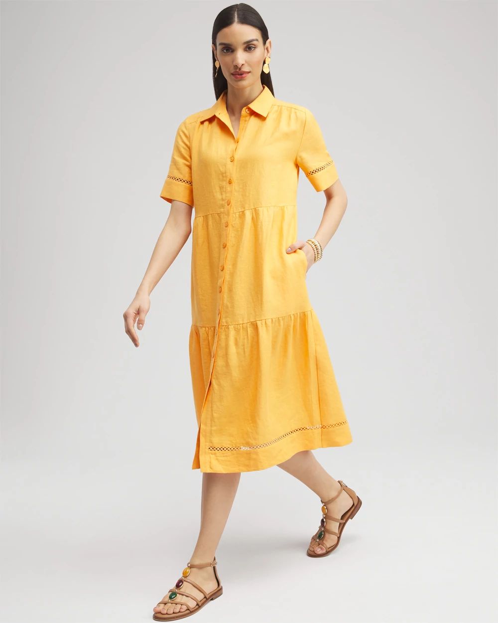 Linen Lattice Trim Midi Dress