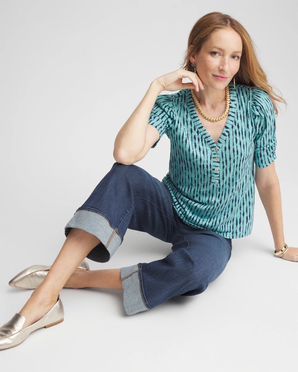 Slub Shirred Sleeve Henley Tee click to view larger image.